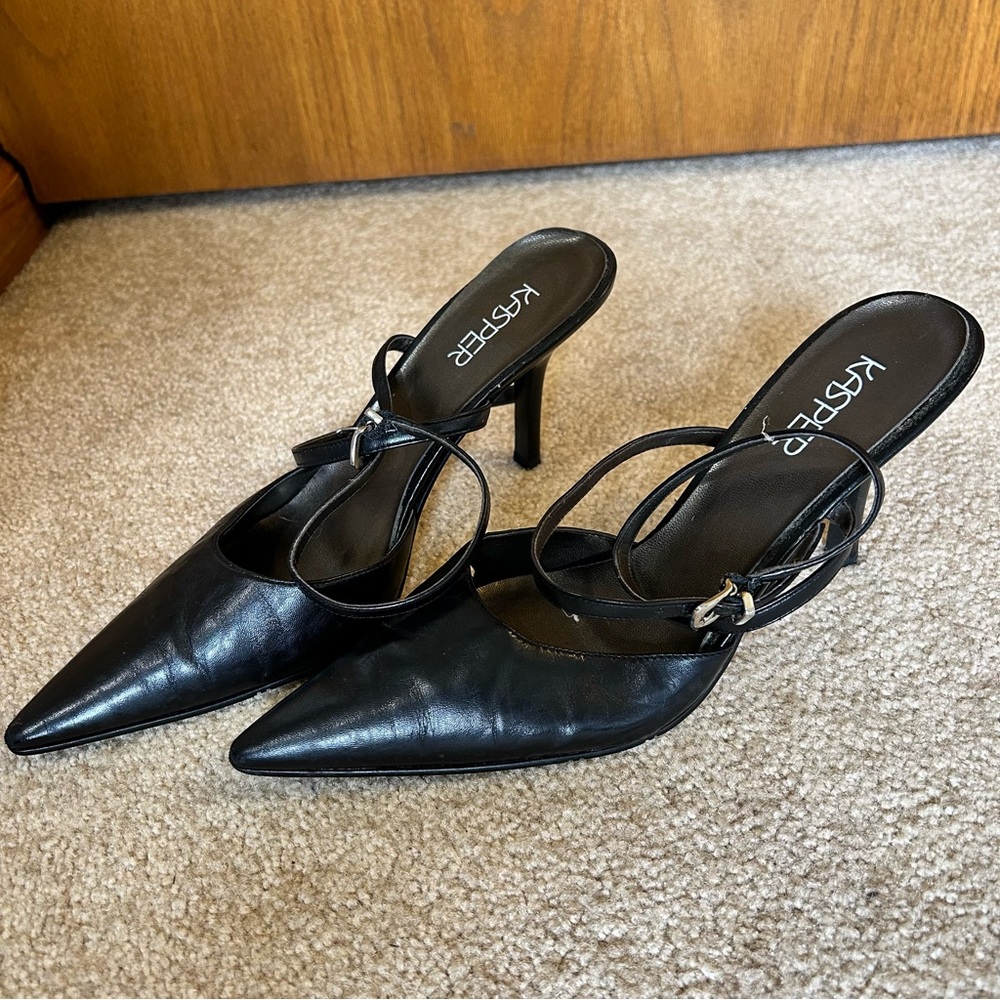 Leather Black Pointed-Toe Crisscross Ankle Strap Heels